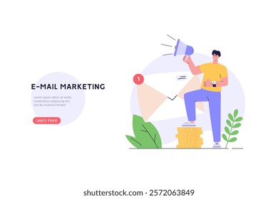 Person is using a megaphone to promote the benefits of email marketing. Concept of email marketing promotion, mail campaign, newsletter mail sending. Vector illustration in flat cartoon design.