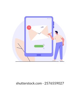 Person is using a megaphone to promote the benefits of email marketing. Concept of email marketing promotion, mail campaign, newsletter mail sending. Vector illustration in flat cartoon design.