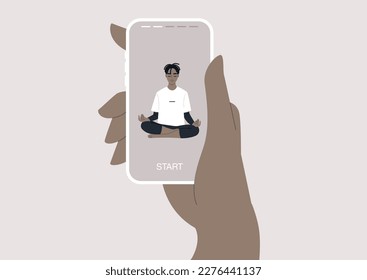 A person using a mobile phone to access a yoga vinyasa mobile app, the interface shows various options for practices, including guided meditation, breathing exercises, and other activities