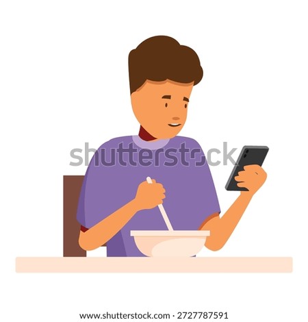 Person using mobile phone while having breakfast, enjoying morning routine and modern technology
