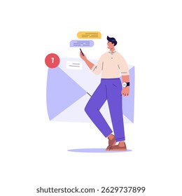 Person using mobile phone and writing mail. Contact us banner. Concept of online support, customer support, email marketing. Vector illustration for UI, web banner, mobile app