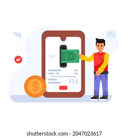 Person using mobile transaction app, flat illustration 