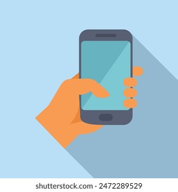 Person using a modern smartphone with a blank screen and copy space, holding the device in their hand to browse the internet and use social media apps, with a blue and orange flat vector icon design