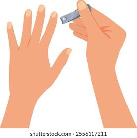 
Person Using Nail Clipper for Grooming Manicure Vector Illustration. Lady cutting her fingernails using proper tools at home
