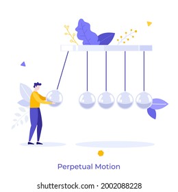 Person using Newton's cradle or pendulum with swinging spheres. Concept of perpetual motion machine, kinetic energy, conservation of momentum. Modern flat vector illustration for banner, poster.