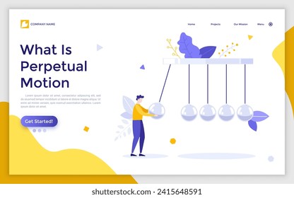 Person using Newton's cradle or pendulum with swinging spheres. Concept of perpetual motion machine, kinetic energy, conservation of momentum. Modern flat vector illustration for banner, poster.