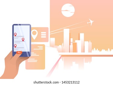 Person using online app and buying flight ticket. Cellphone, mobile phone, plane. Flight booking concept. Vector illustration can be used for topics like reservation, city, business trip
