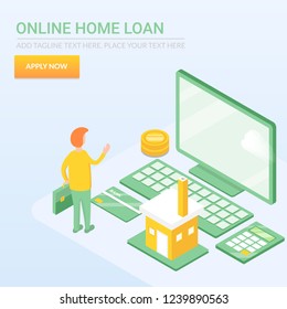 Person using online banking, applying for home loan, property loan online application 3D isometric vector