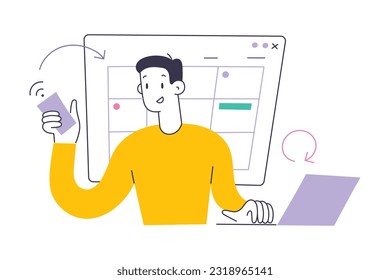 Person using online calendar to sync event, appointment, task on his mobile, smartphone and laptop. Personal organizer application synchronized on multiple devices, interface illustrated, flat vector