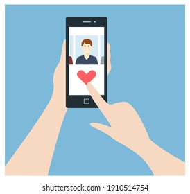 Person using online dating app on phone. Man and woman searching for love and relationship. Human hand holding smartphone and click on heart. Isolated vector illustration on a white background