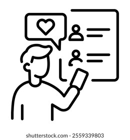 A person using online matchmaking website, line style icon 