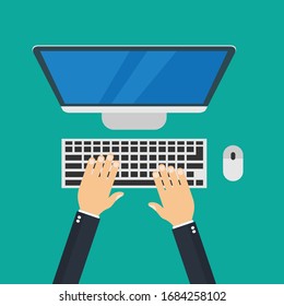 Person using a pc computer.top view.programmer working environment.vector illustration.flat design.