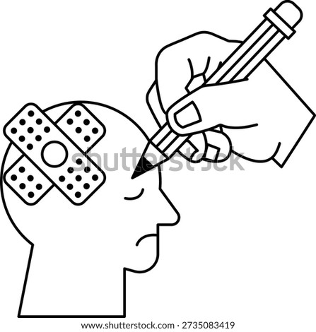 A person is using a pencil to draw a picture of a person with a bandaged head. The drawing is of a person with a bandaged head, and it is a sad or serious mood