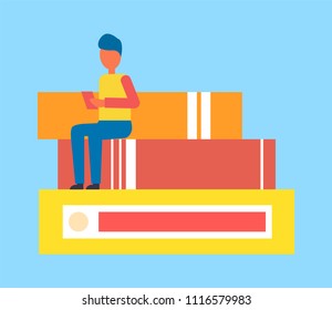 Person using portable laptop sitting on pile of books and document files of corporation, organizing information online isolated on vector illustration