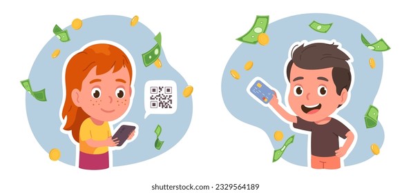 Person using QR code or credit card for payment. Girl kid with smartphone, boy child buying. Cashless pay technology, banking, finance, money, business concept flat vector illustration sticker set