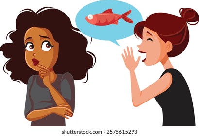 
Person Using Red Herring Argument in a Conversation Vector Illustration. Woman whispering information to her friend in a persuasive manner 
