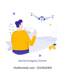 Person using remote control and flying quadrotor. Concept of aerial photography or imagery drone, innovative hi-tech device for making photo. Modern flat vector illustration for banner, poster.