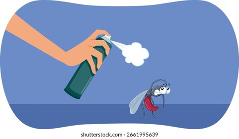 
Person Using a Repellent Spray on a Frightened Mosquito. Unhappy insect being chased with an insecticide by pest control 