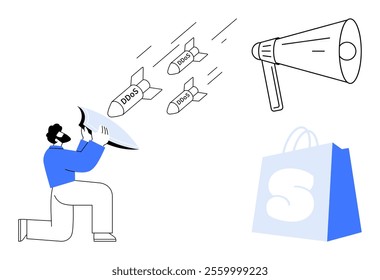A person using a shield to defend against DDoS-labelled missiles while a megaphone and shopping bag are present. Ideal for cybersecurity, digital protection, online business safety, communication