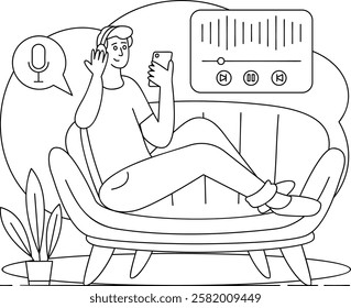 Person using sleek device to explore variety of shows vector design, Slice of life journalism sign, Web television series symbol stock illustration, Podcast Listener Sitting on couch Enjoying concept