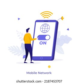 Person using slider on smartphone screen to turn on Wifi. Concept of mobile network, wireless Internet connection technology for cellphone. Modern colorful flat vector illustration for poster, banner.