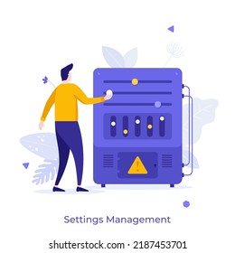 Person using sliders on control panel or dashboard. Concept of settings management, changing configuration of website, software product or application. Flat vector illustration for poster, banner.