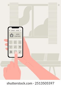 Person using smart home control panel, hands holding smartphone with Smart house application. IOT concept. Colorful flat vector illustration with stylized room interior on the background