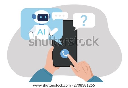 A person using a smartphone to contact an AI chatbot for assistance. Virtual robot assistant online. Digital technologies. Vector illustration.