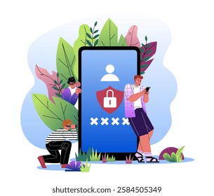 A person using a smartphone near a large device with a lock symbol, while hackers spy from behind. Digital security concept on a white background