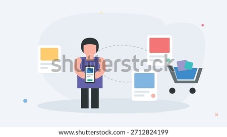 Person using smartphone for online shopping. This colorful vector illustration depicts products flowing into a shopping cart. It represents e-commerce and digital consumerism.