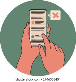 A Person Using A Smartphone Or A Phone With Social Media Feed. There Is An Alert Pointing To The Fake News Or Misinformation To Warn The User About Possible Lie. Simple Cartoon Vector Illustration