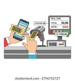 A person using a smartphone to scan a mobile coupon at a checkout counter with a barcode scanner and screen displaying discount.
