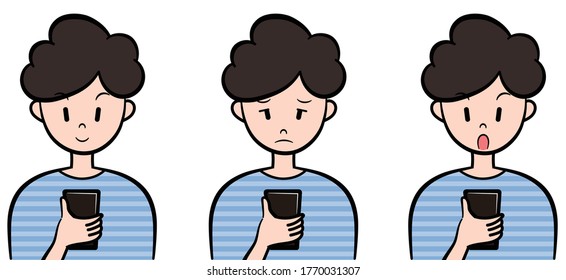 Una persona que usa un smartphone. Escenas con diversas expresiones