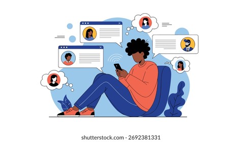 A person using a smartphone surrounded by profile icons and speech bubbles vector
