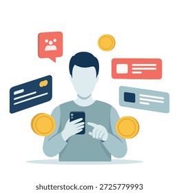 Person using a smartphone surrounded by icons representing financial transactions and notifications.