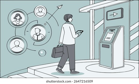 Persona que usa un teléfono inteligente caminando hacia un quiosco de autoservicio, rodeado de una red digital de iconos de usuario conectados, que representan la tecnología moderna y un servicio conveniente.