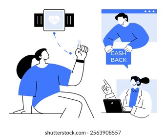 A person using a smartwatch for health tracking, a customer service representative at a laptop, and a person receiving cashback. Ideal for fitness, health technology, customer service, financial