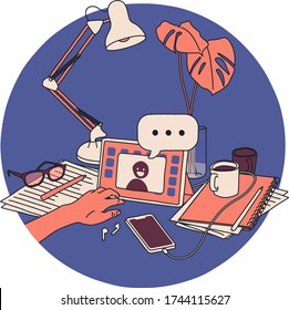 A person using a tablet computer for work or education, talking with a friend or a coworker or teacher via video chat on a messy desk at home. Cartoon style simple illustration with a speech bubble