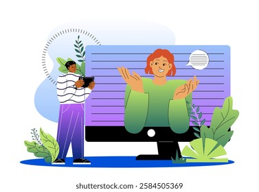 A person using a tablet engages in an online conversation with another person appearing on a computer screen, surrounded by plants, symbolizing digital interaction