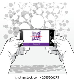 A person using their Smart Phone camera interface to scan a QR Code. The background detail represents the global connection and communication networks which help support this connection technology.