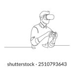 A person using virtual reality equipment, wearing a VR headset and holding controllers in both hands. The individual is engaged in an immersive experience. Continuous line drawing style for technology