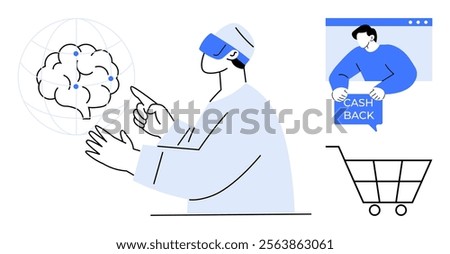 Person using virtual reality gear pointing at a brain hologram and a person holding a cash back sign next to a shopping cart. Ideal for tech advancements, e-commerce, virtual reality, online rewards