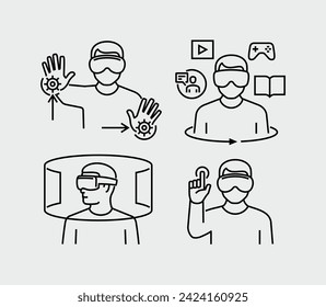 Person Using Virtual Reality Glasses Vector Line Icons