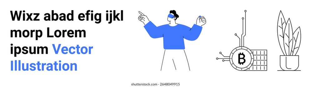 Pessoa usando fone de ouvido de realidade virtual, gráficos de tecnologia Bitcoin e uma planta em vaso. Ideal para apresentações de tecnologia, blogs financeiros, jogos de RV, tutoriais de criptomoedas, landing pages de tecnologia, educacional