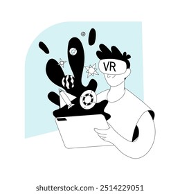 A person is using VR to experience various forms of entertainment through a tablet, in a futuristic setting, representing technology, education, and entertainment.