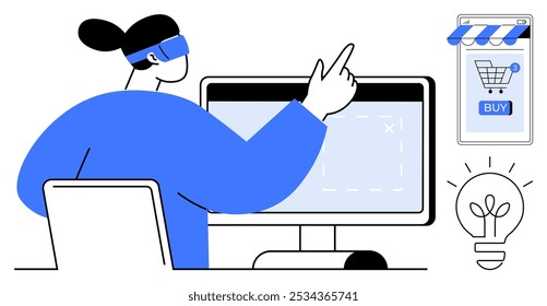 A person using a VR headset interacts with a computer screen and an online shopping interface. Ideal for technology, e-commerce, virtual reality, digital innovation, user experience. Minimalist