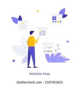 Person using web menu connected to windows. Concept of website map, sitemap, Internet page online navigation, webpage scheme or structure. Modern colorful flat vector illustration for poster, banner.