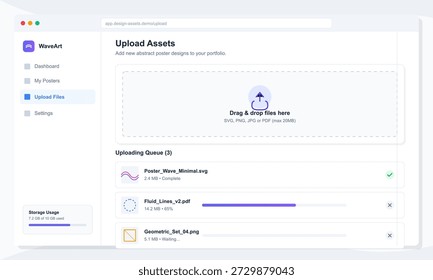 Una persona está utilizando una plataforma de Web para diseñar Cargar de archivos a su Cartera. Pueden arrastrar y soltar archivos en el área del Cargar. El uso del almacenamiento se muestra en la pantalla.