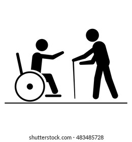 Person using a wheelchair and elderly people with stick for caregiver vector icon flat design.
