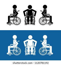 Person using a wheelchair front and side view icon flat style ability vector accessible sign- pictogram and symbols design.